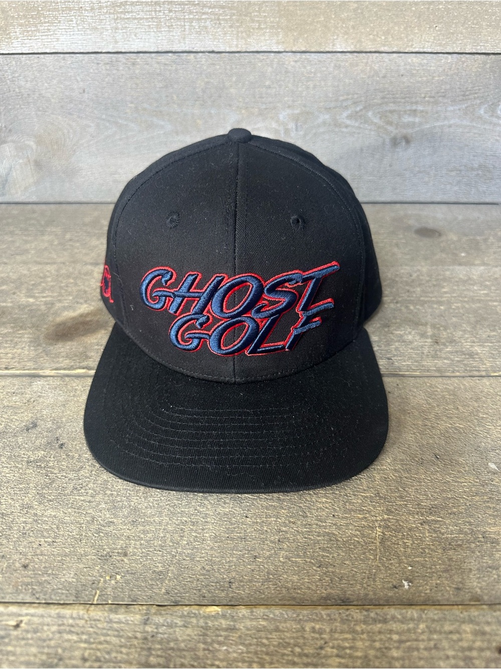 Ghost Golf Snapback Hat Black Red Raised Embroidery Front